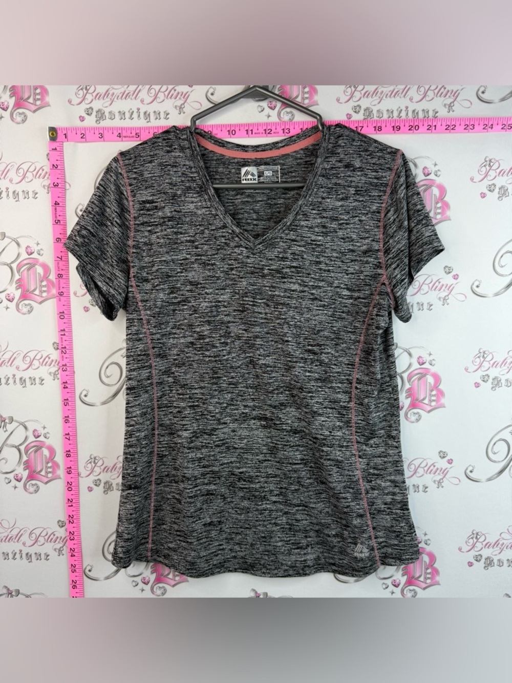 RBX Women’s Gray White Heather V-Neck Short Sleeve Shirt Pink Stitching stretchy